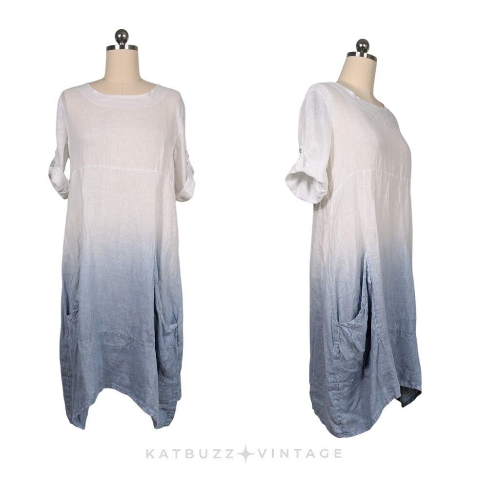 Linen Midi Dress Size L White Blue Lagenlook Ombre Aline Italy Sleeves Beachy